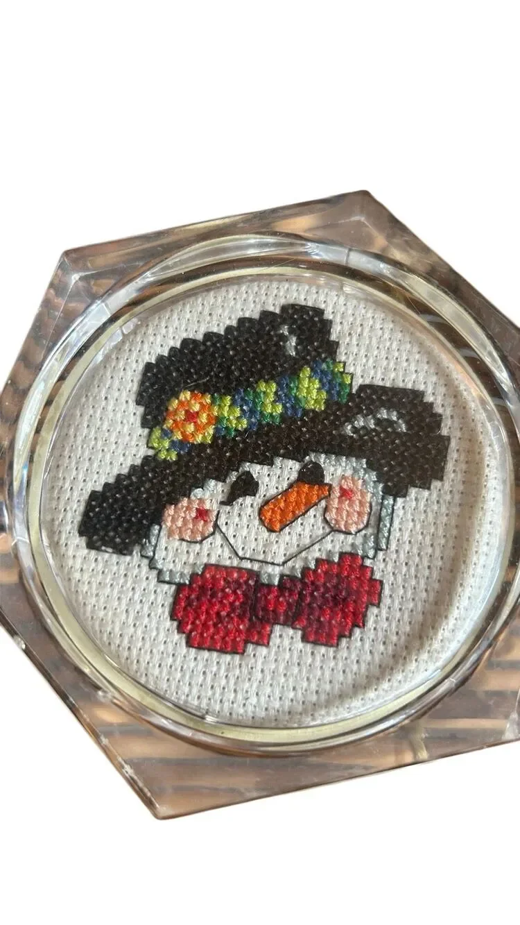 Snowmen Acrylic Handmade Cross Stitch Coasters Set of 4